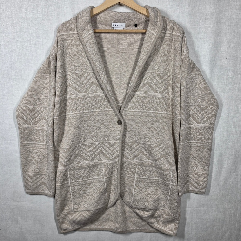 Prana Cardigan Sweater Womens Small Jacquard Geometric Wool Blend Shawl Collar